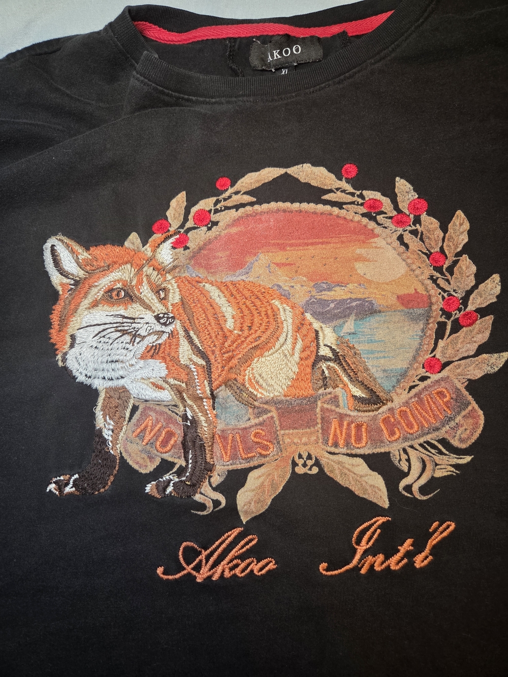 AKOO Fox Graphic Tee XL Black Embroidered Streetwear T Shirt